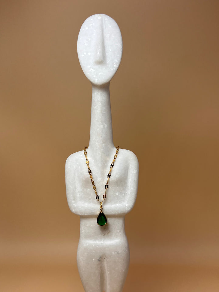 “Emerald Elegance” – Green Zirconia Crystal & Stainless Steel Pendant