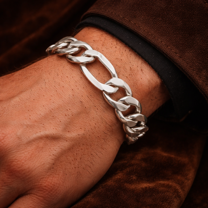 Men’s Sterling Silver Chain Figaro Bracelet –Handmade Taxco Mexico 10mm Heavy Link| 27.48 grams
