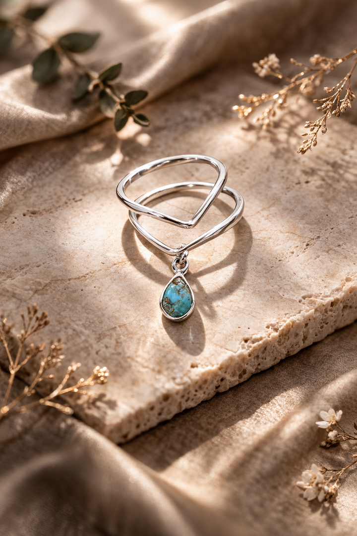 Chekameh – Persian Iranian Turquoise Drop Ring | Contemporary Gallery Jewelry by Maralkunst