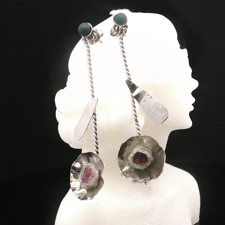 Petals in Motion Earrings |  Handmade 925 Silver with Grape Agate & Watermelon Tourmaline | Iranian Artisan Jewelry