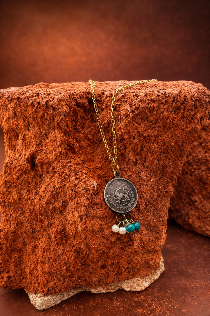 Lion & Sun Persian 1 Rial Pahlavi Coin Necklace – Turquoise & Pearl