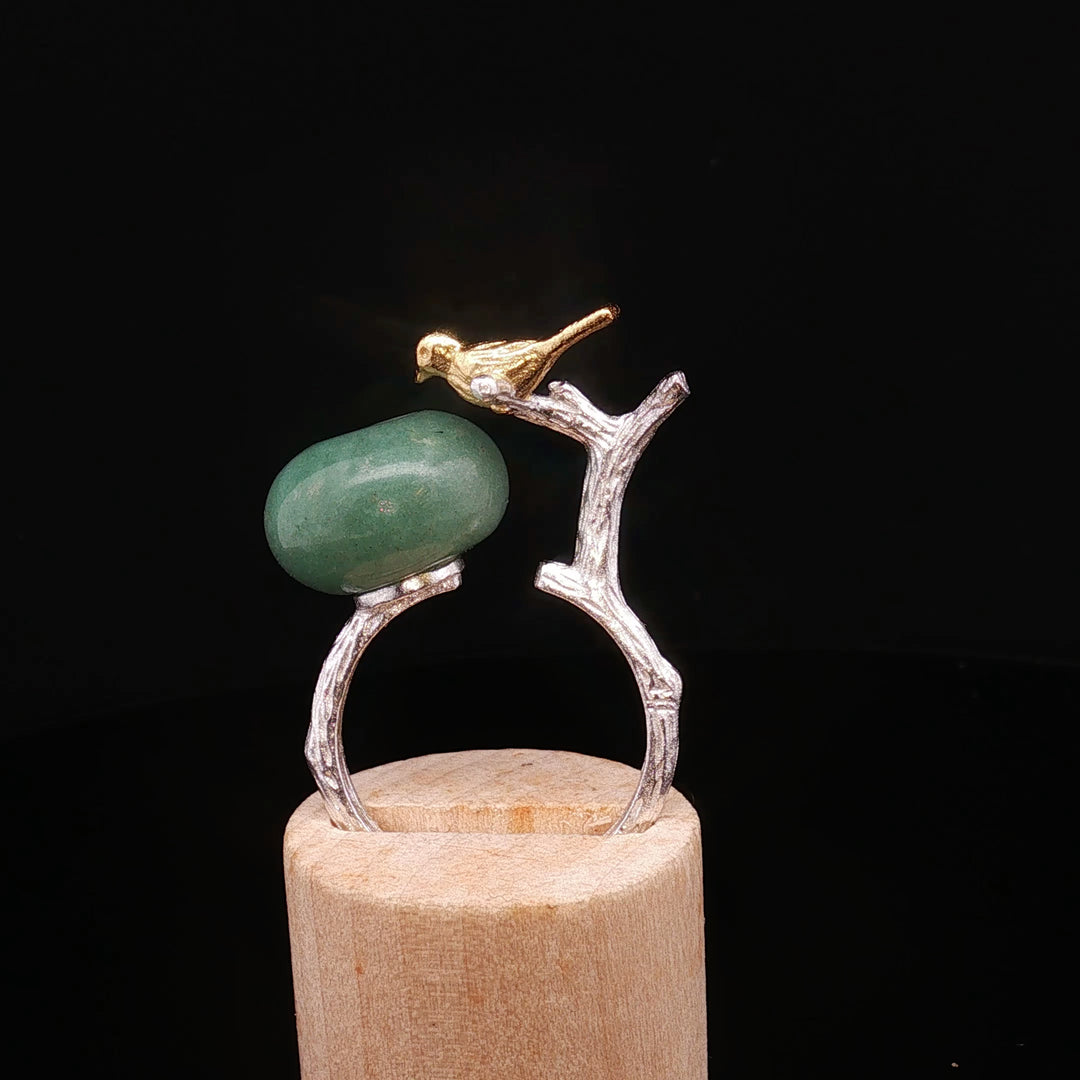 Whispers of Jade – Handmade Silver Ring with Bird & Branch