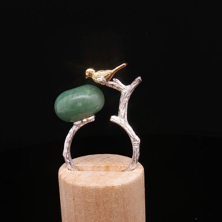 Whispers of Jade – Handmade Silver Ring with Bird & Branch