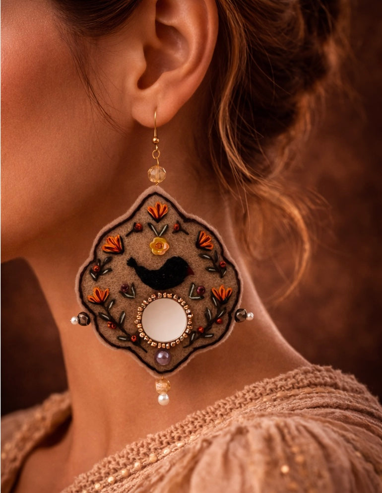Chehcheh – The Song of Nature embroidered felt & Mirror earring 8cm length