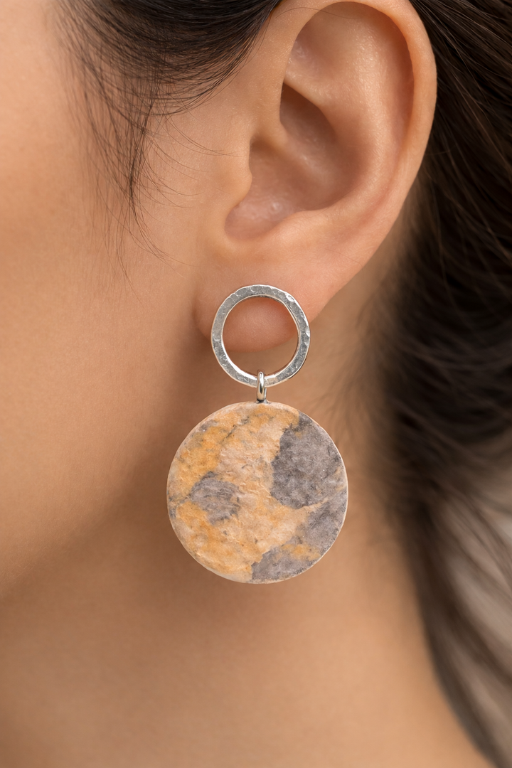 Nordic Earth Circle Earrings| Two circles, one story — where silver meets the quiet poetry of earth.