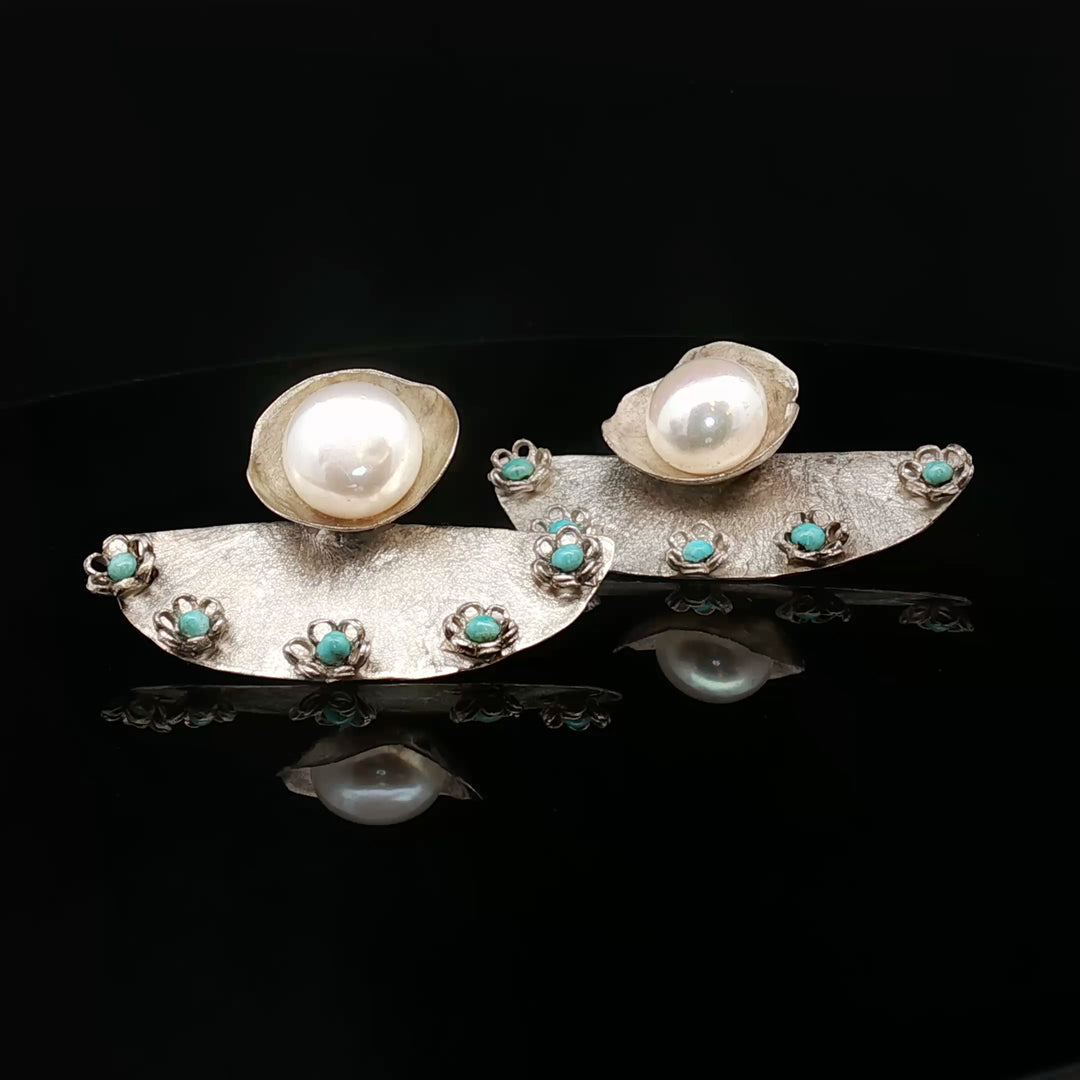 Whispers of the Sea & Sky| Handcrafted Pearl & Turquoise Silver Earrings – Iranian Artisan Statement Jewelry | Maralkunst Oslo