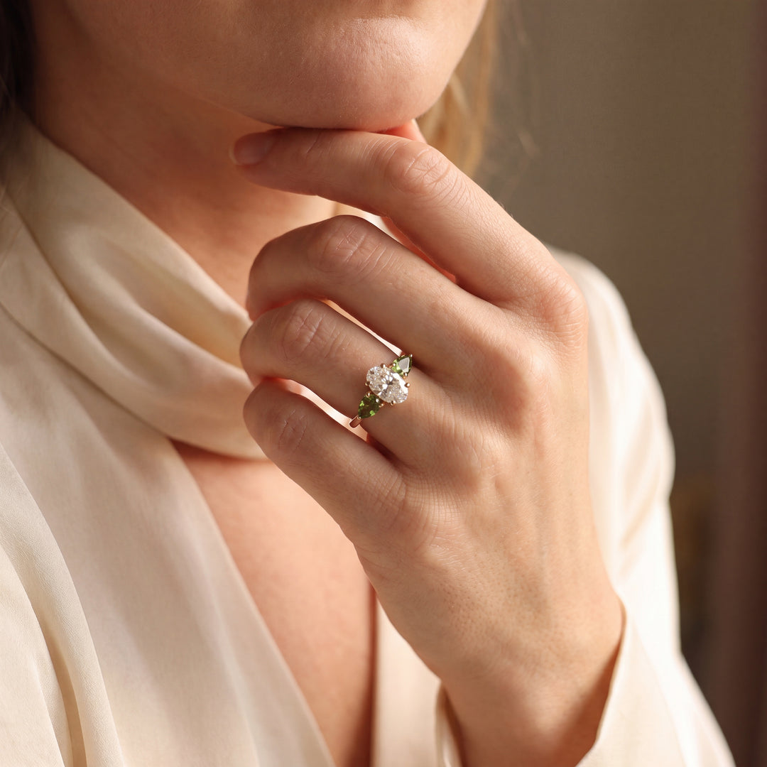 Oval Lab-Grown Diamond Engagement Ring with Natural Peridot | Custom Made in 14K Gold