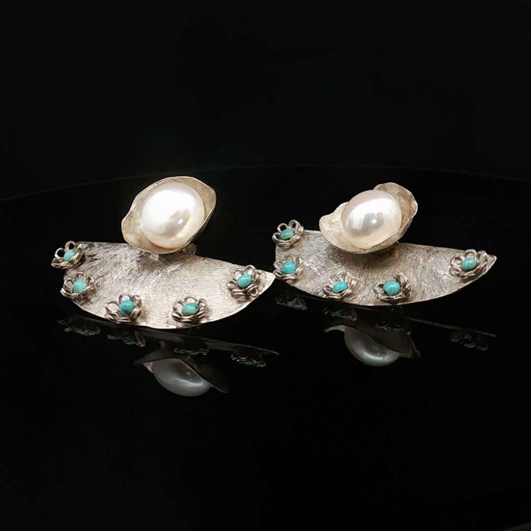 Whispers of the Sea & Sky| Handcrafted Pearl & Turquoise Silver Earrings – Iranian Artisan Statement Jewelry | Maralkunst Oslo