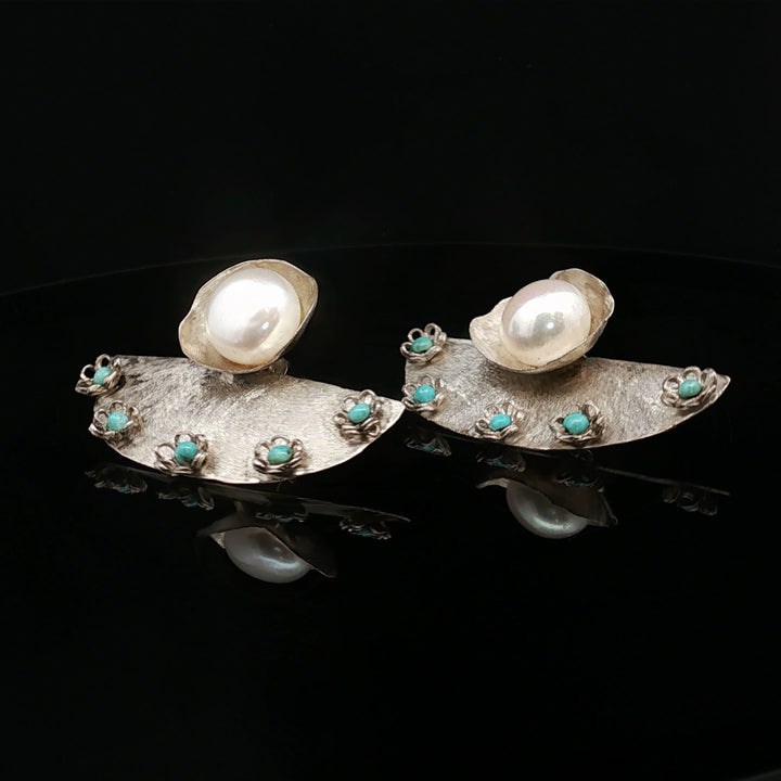 Whispers of the Sea & Sky| Handcrafted Pearl & Turquoise Silver Earrings – Iranian Artisan Statement Jewelry | Maralkunst Oslo