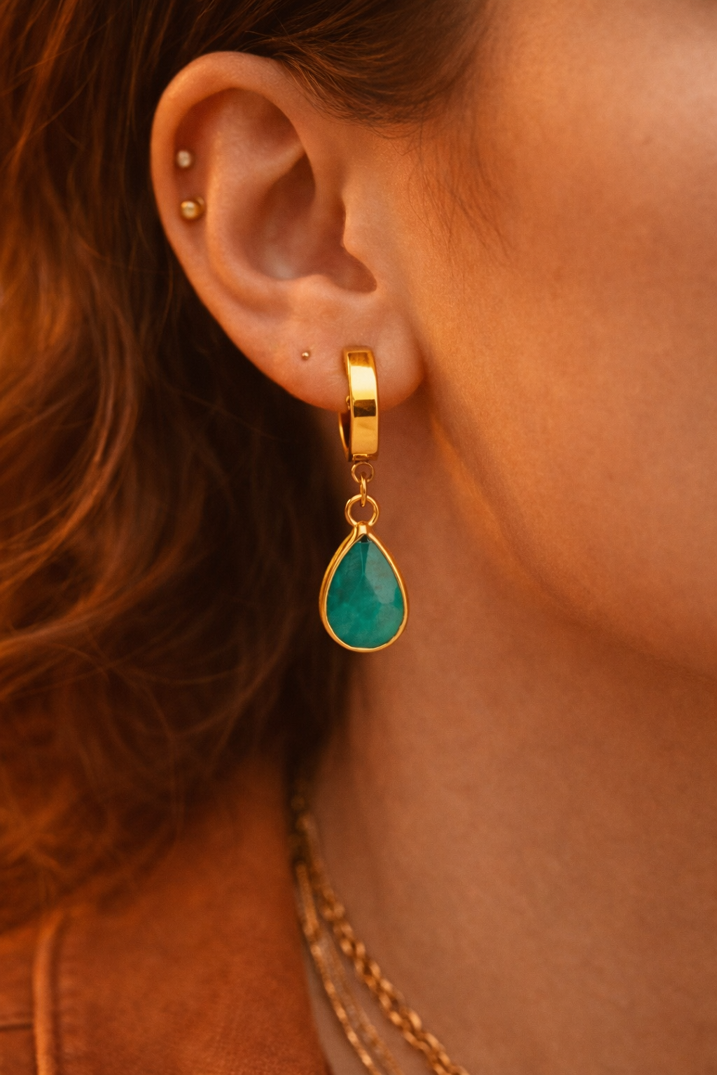 Green Chalcedony Drop Hoop Earrings – Gold Plated Charm | Maral Design