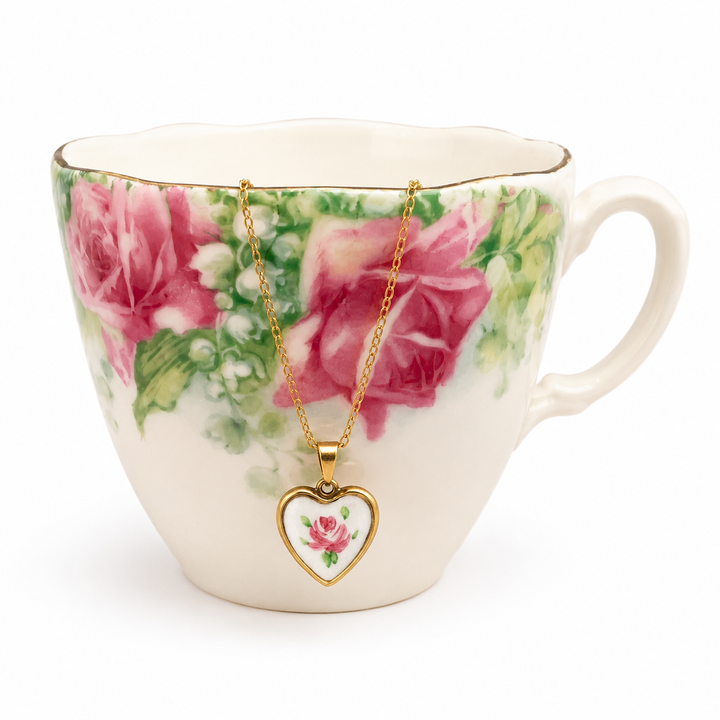 Porcelain Rose Heart – Ceramic Heart Pendant Necklace in Gold-Filled Stainless Steel