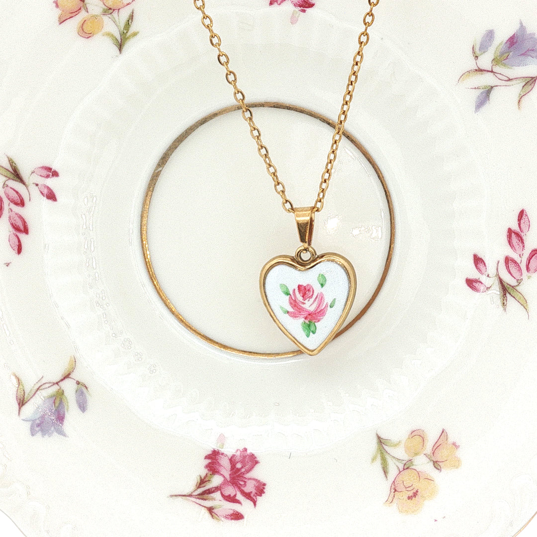 Porcelain Rose Heart – Ceramic Heart Pendant Necklace in Gold-Filled Stainless Steel