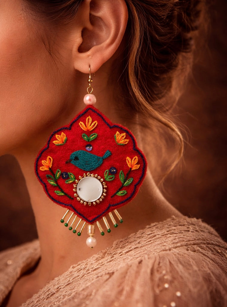 Chehcheh – The Song of Nature embroidered felt & Mirror earring 8cm length