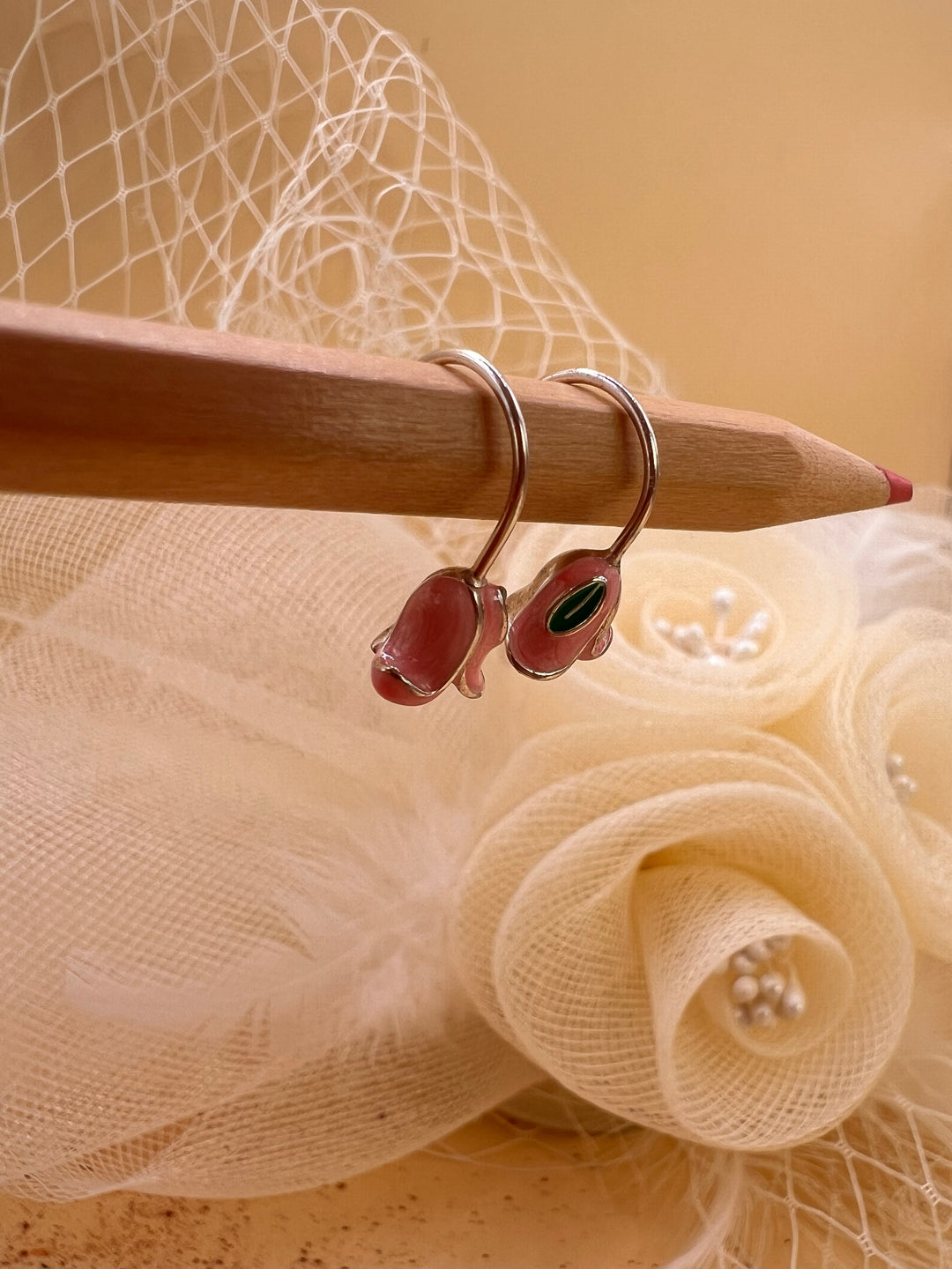 Pink Rose Hook Earrings – Enamel Flower Drop Earrings – Minimal Romantic Jewelry| sterling silver