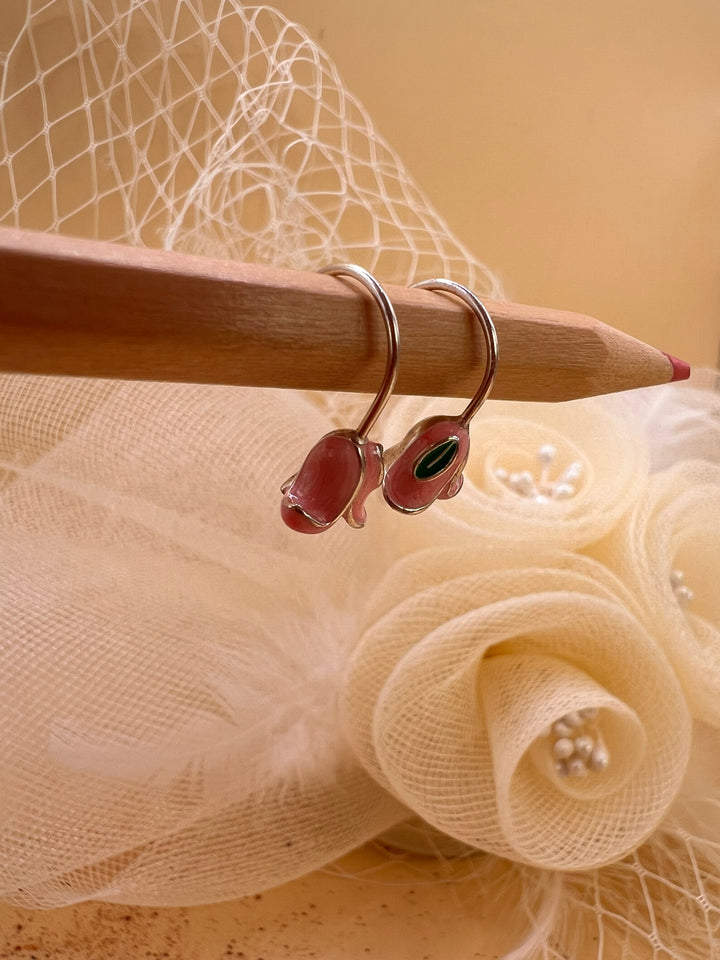 Pink Rose Hook Earrings – Enamel Flower Drop Earrings – Minimal Romantic Jewelry| sterling silver