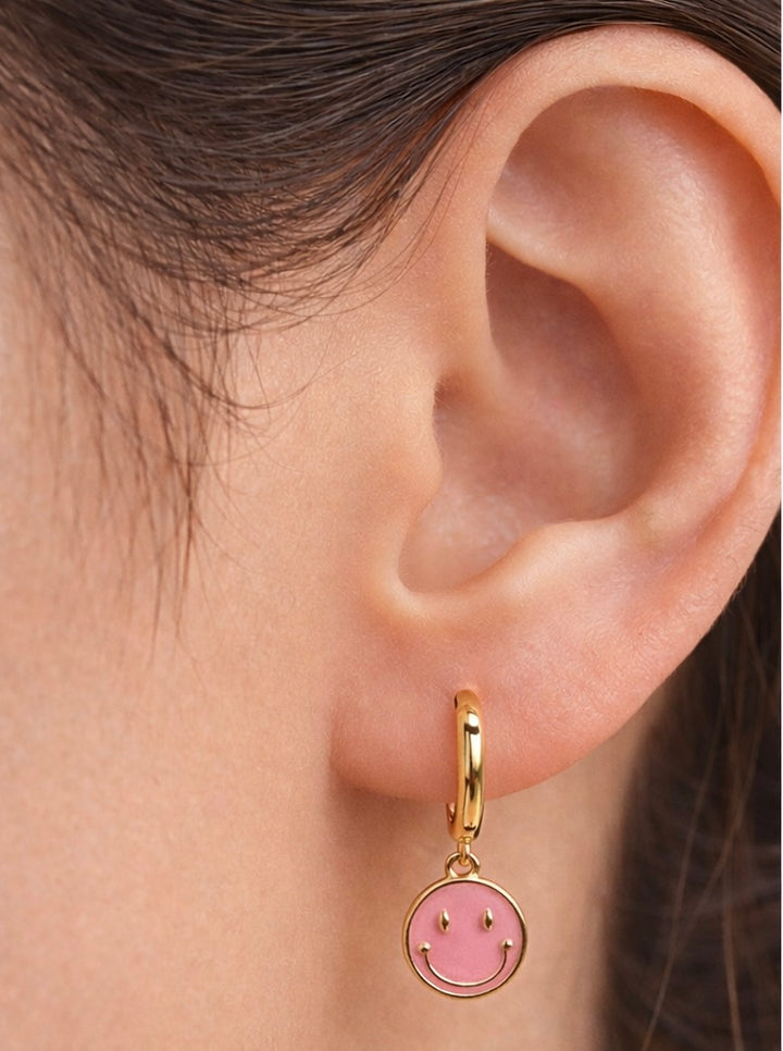 Minimal Happy Smiley Enamel Hoop Earrings – Gold Plated Silver