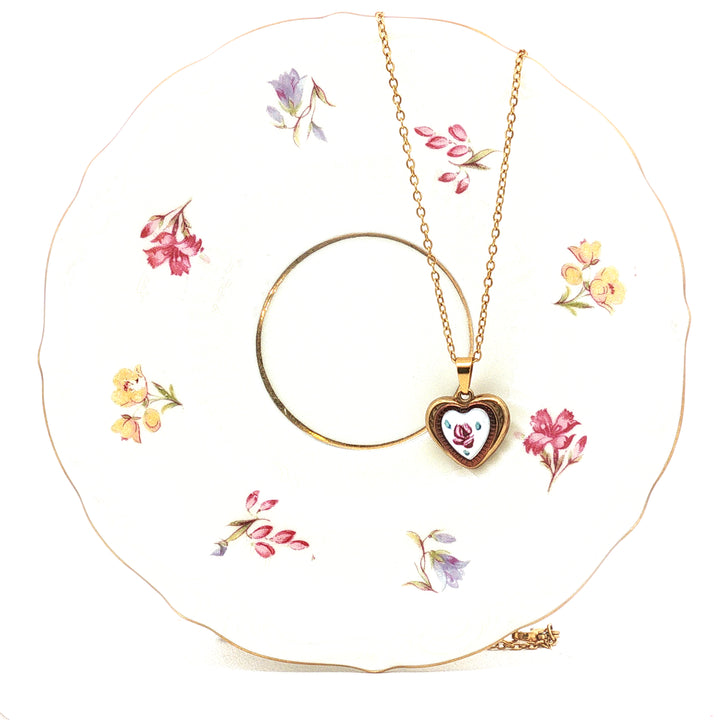 Porcelain Rose Heart – Ceramic Heart Pendant Necklace in Gold-Filled Stainless Steel