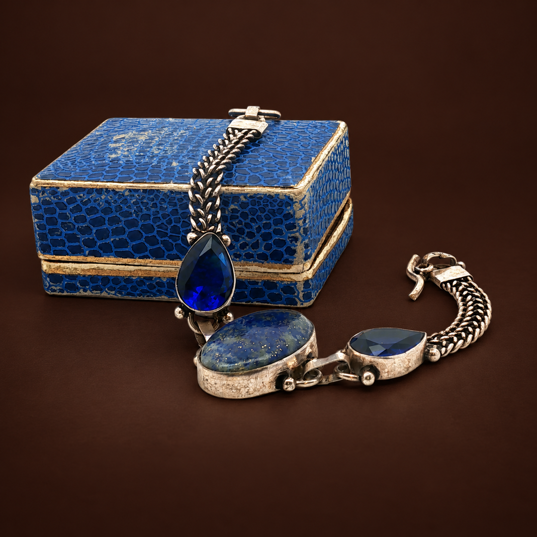 Midnight Relic – Vintage Lapis Lazuli & Blue Crystal Sterling Silver Bracelet