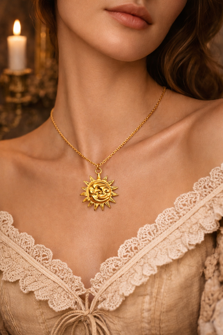 Celestial Sun & Moon Pendant Necklace – 25mm Gold Filled Stainless Steel