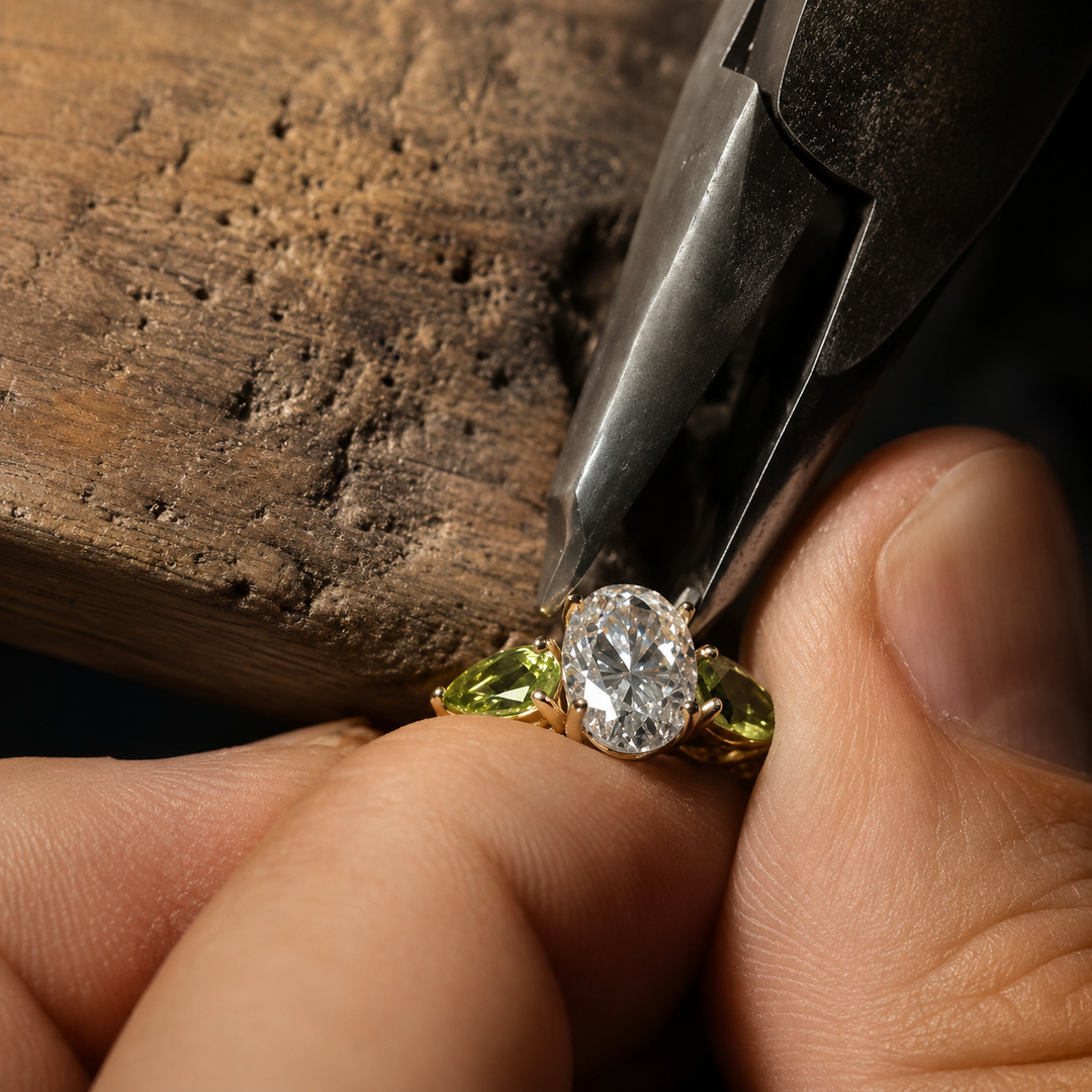 Oval Lab-Grown Diamond Engagement Ring with Natural Peridot | Custom Made in 14K Gold