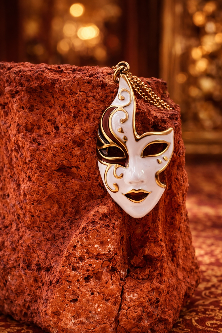 Venetian Noir Mask Necklace – Art Deco Enamel Pendant Behind every mask, there is a story untold.
A mystery. A fire. A silent power.