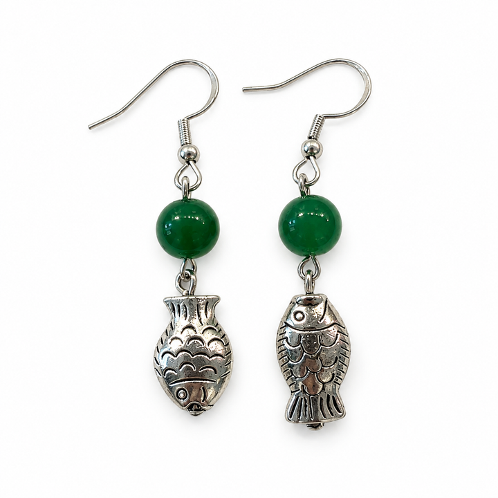Two Directions – Green Agate Fish Earrings