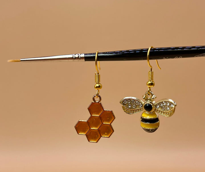 Golden Hive Earrings – Bee & Honeycomb Duo