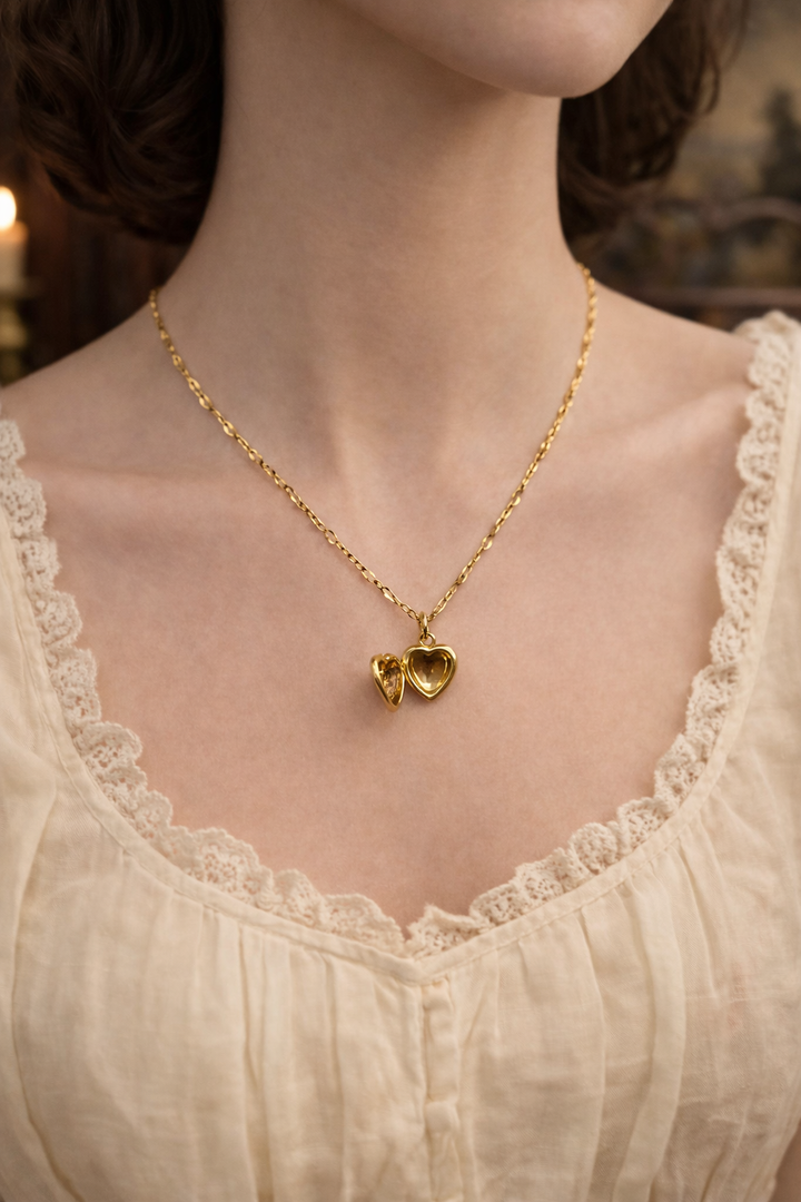 Golden Whisper – Vintage style Heart Locket 10mm Necklace “A heart of gold, carrying the stories love never forgets.”