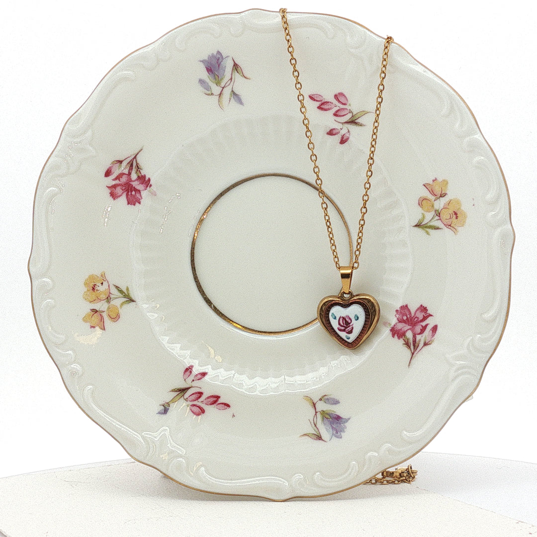 Porcelain Rose Heart – Ceramic Heart Pendant Necklace in Gold-Filled Stainless Steel