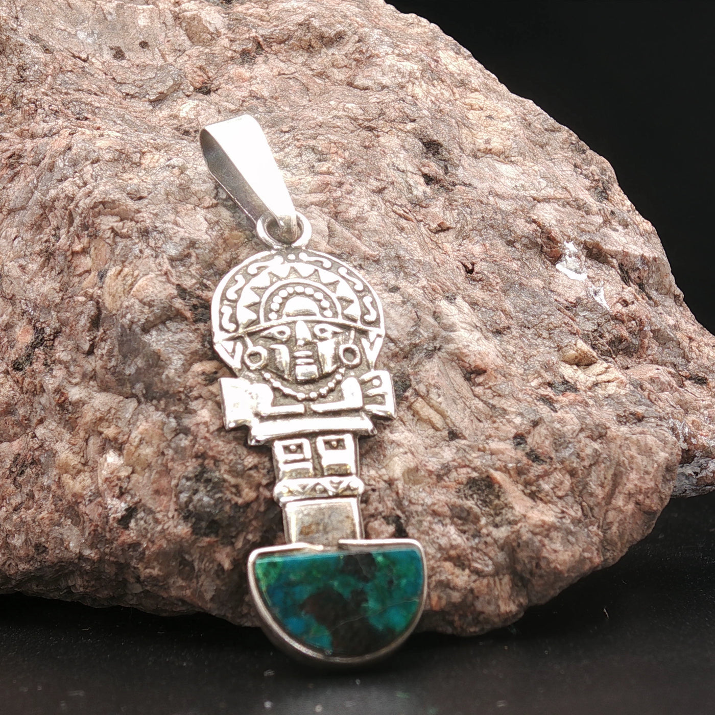 Tumi Sun Keeper – Sterling Silver & Chrysocolla Peruvian Pendant (3 cm)