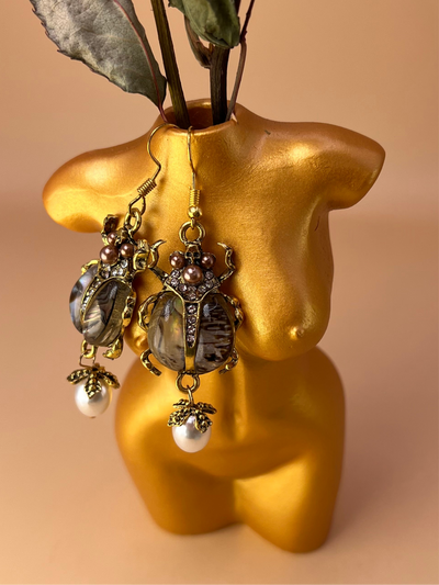 Gilded Scarab – Statement Earrings with Pearls & Crystals