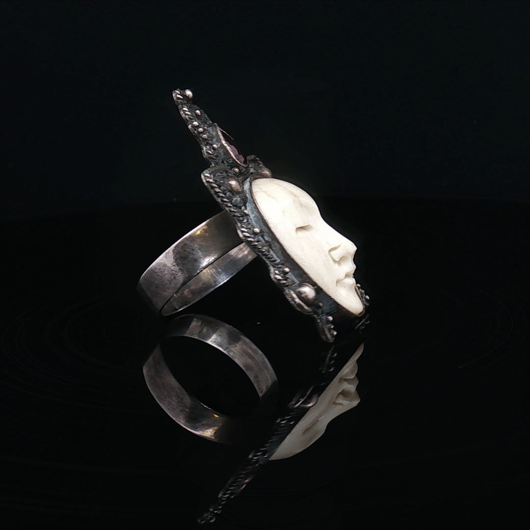 The silnet witness Bone carved face oxidised  silver ring