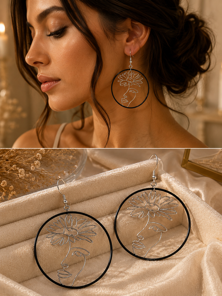 Abstract Flower Face Earrings – Stainless Steel Statement Art Earrings
