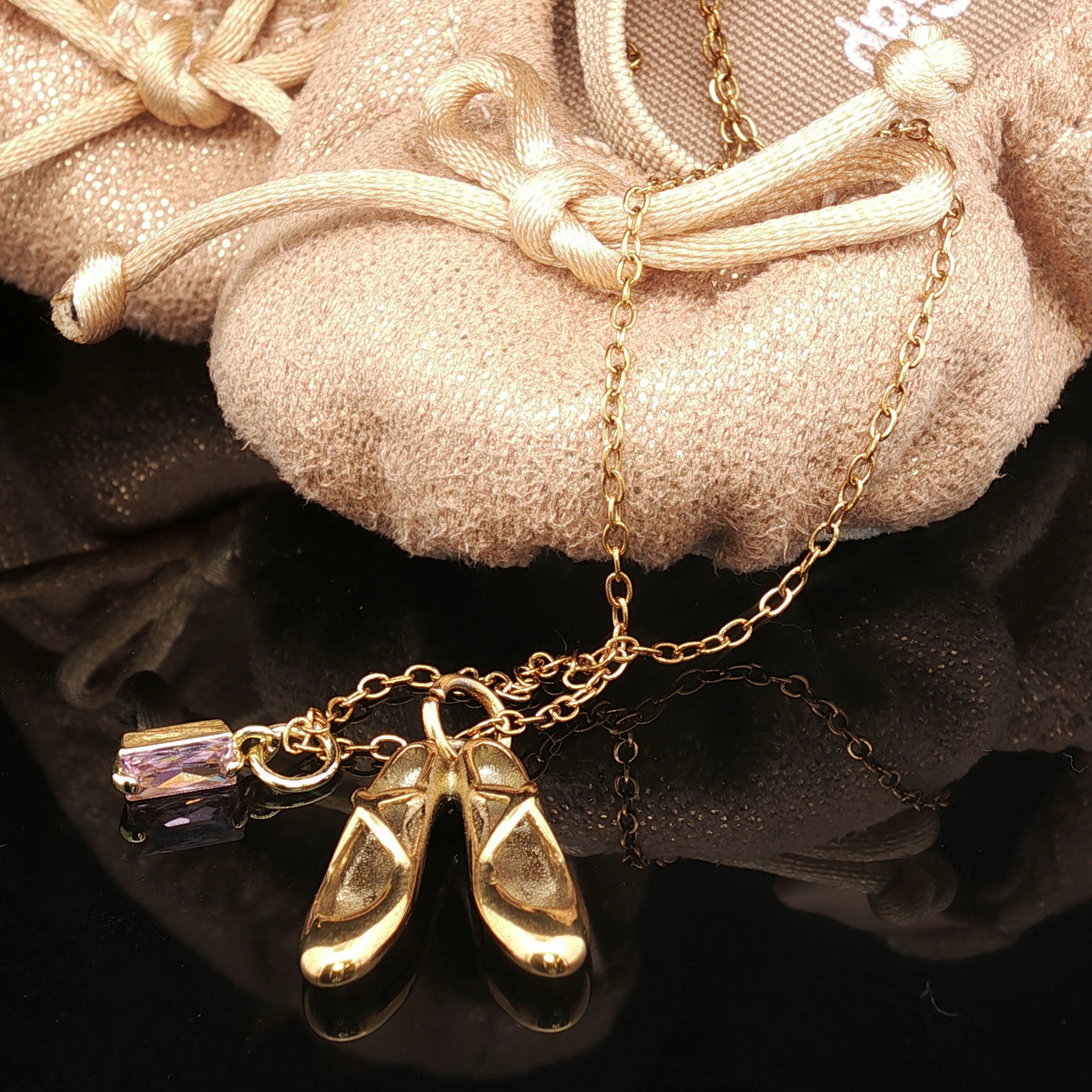Ballerina Necklace – Gold Ballet Shoe Pendant with Lilac Crystal