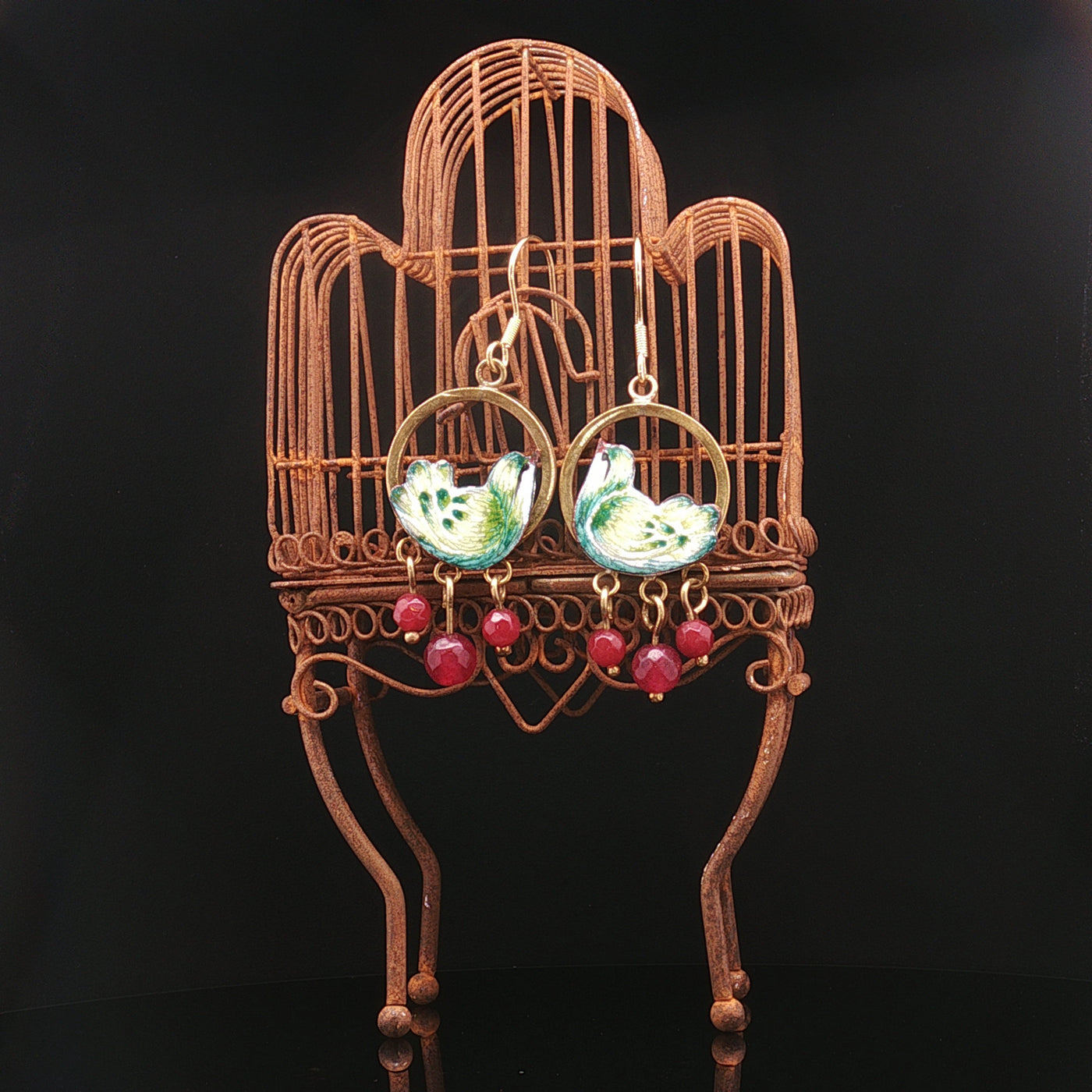 Song of Isfahan – Minakari Bird Earrings with Garnet Drops