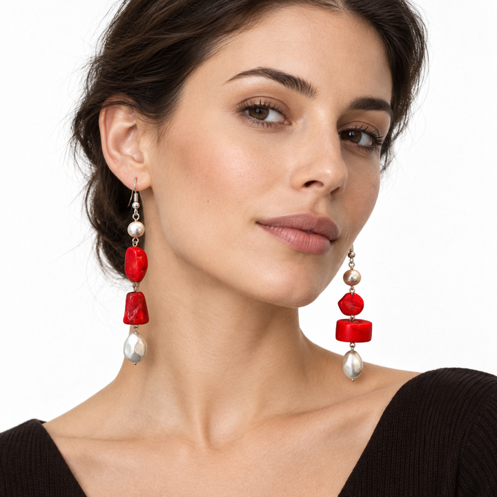 Perfectly Imperfect Coral & Pearl Asymmetric Earrings – Maral Design