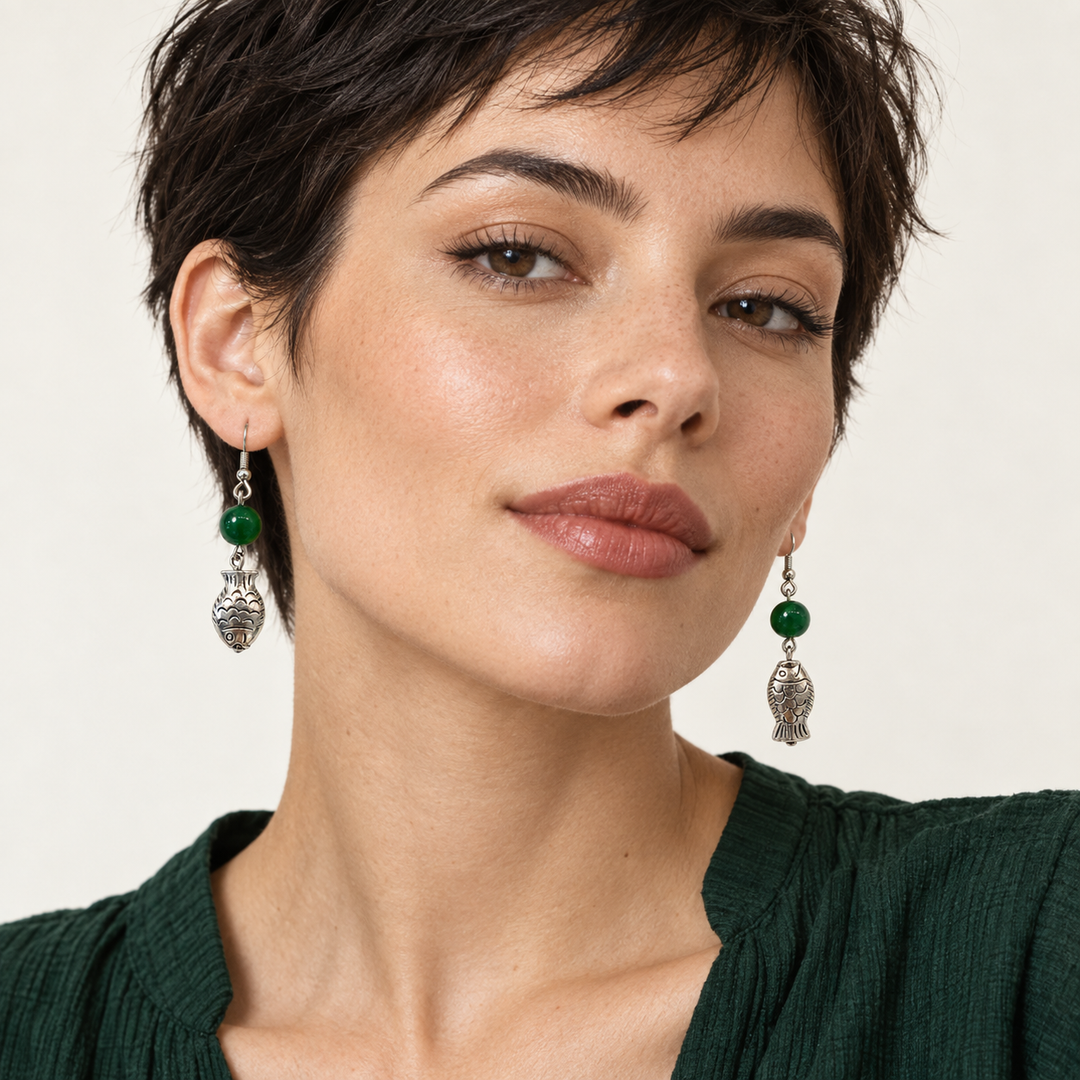 Two Directions – Green Agate Fish Earrings