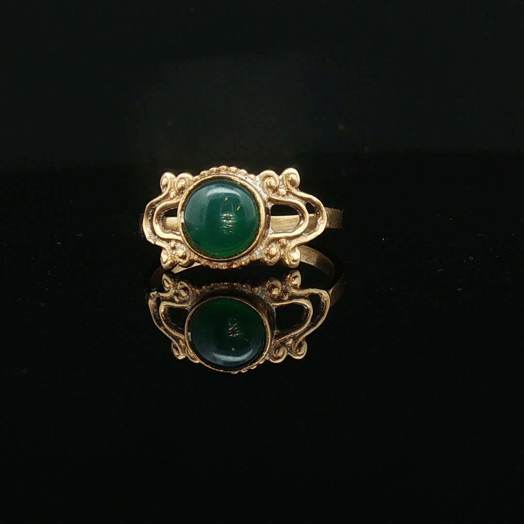 Indian Brass Ring with Green Jade  – Bohemian Ring Size 7