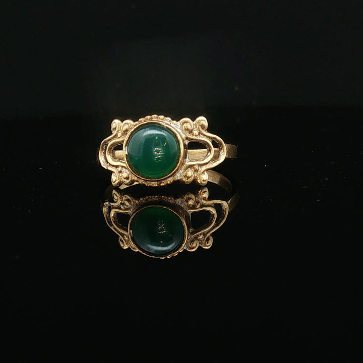 Indian Brass Ring with Green Jade  – Bohemian Ring Size 7