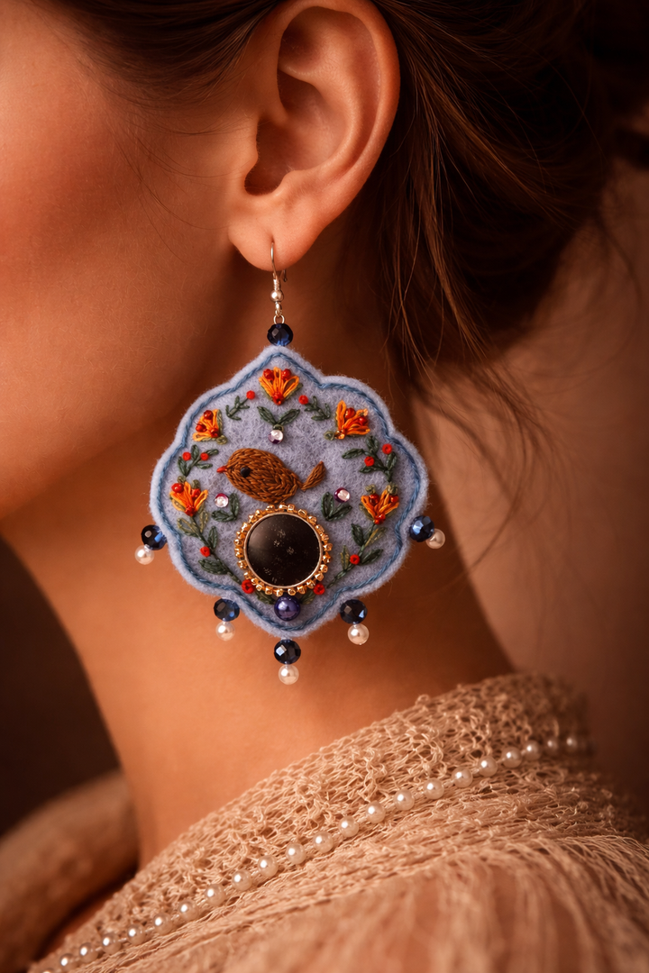 Chehcheh – The Song of Nature embroidered felt & Mirror earring 8cm length