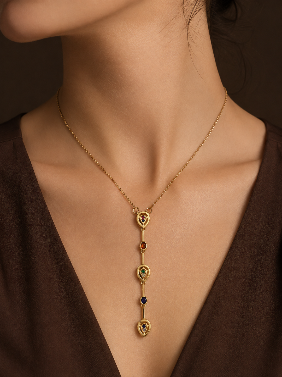 Spectrum of Self | Multicolor Zirconia Drop Necklace in Gold-Filled Stainless Steel