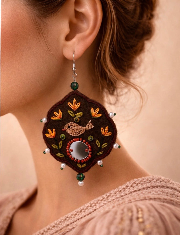 Chehcheh – The Song of Nature embroidered felt & Mirror earring 8cm length