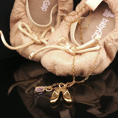 Ballerina Necklace – Gold Ballet Shoe Pendant with Lilac Crystal