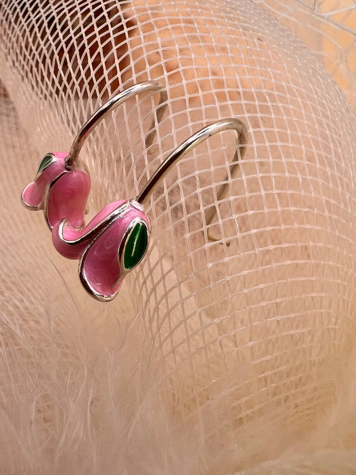 Pink Rose Hook Earrings – Enamel Flower Drop Earrings – Minimal Romantic Jewelry| sterling silver