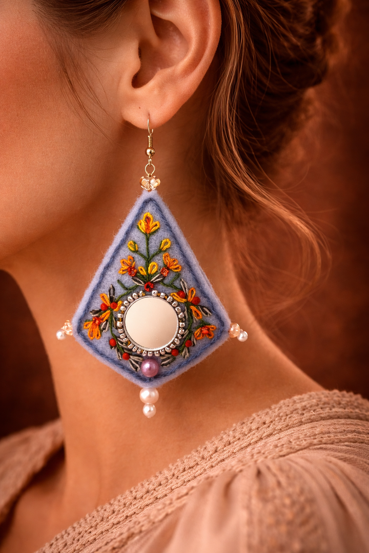 Jelveh – The Radiance Mirror Earring| Felt mirror embroidery 7 cm length