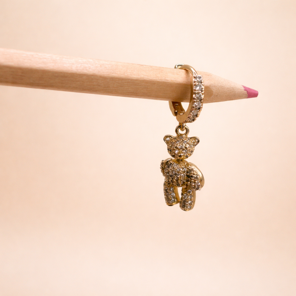 Crystal Teddy Charm Hoop Earring – Brass Gold Plated