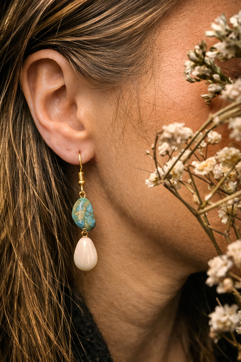 “Deco Tide” Earrings Turquoise Pearl