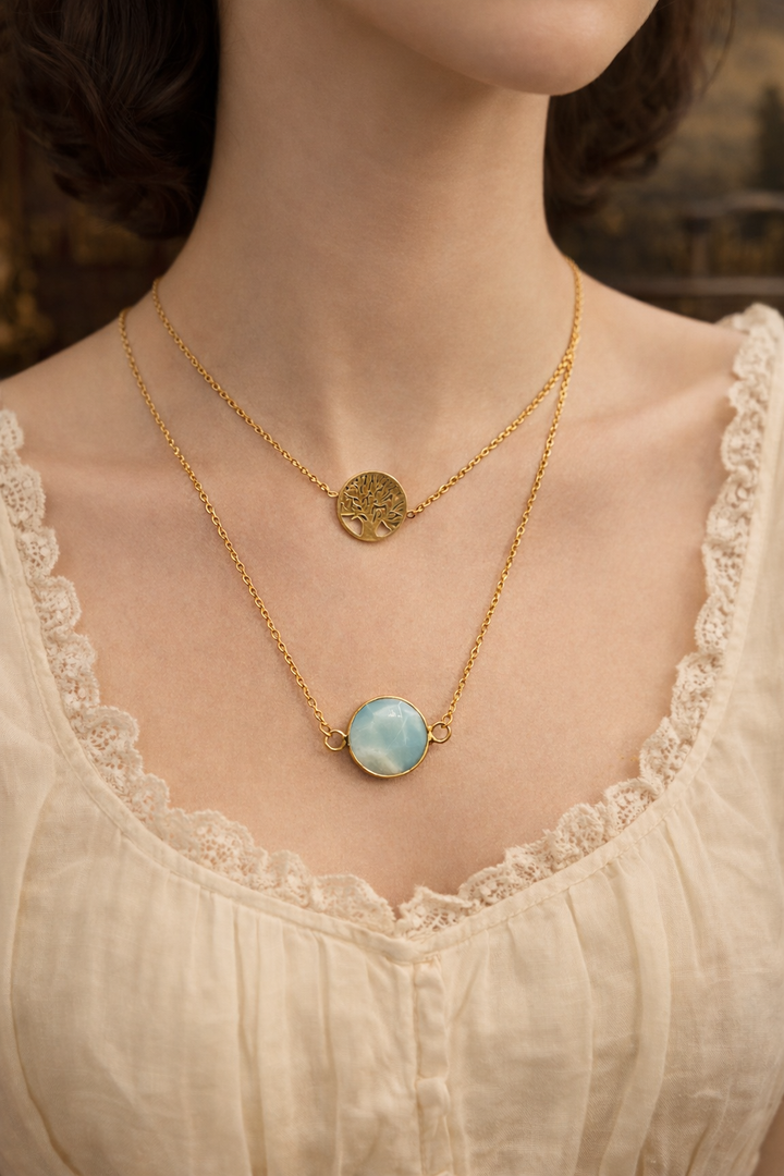 Eternal Roots – Tree of Life & Amazonite Gold-Filled Necklace “Rooted in strength, guided by calm she grows in her own light.”