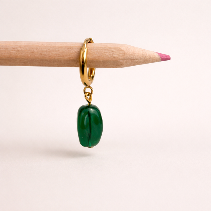 Minimal Green Drop Huggie Earrings – Gold Stainless Steel Hoop with Polyamide Bead | Maral Design