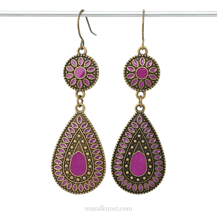 Indian handmade local artistry Bohemian purple brass drop enamel colour earrings